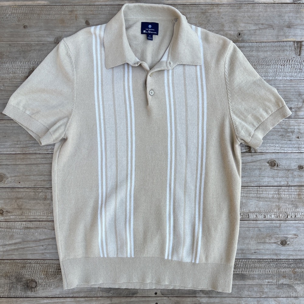 Ben Sherman Men's M Mod Stripe Knit Polo Beige Cream Short Sleeve Retro Shirt